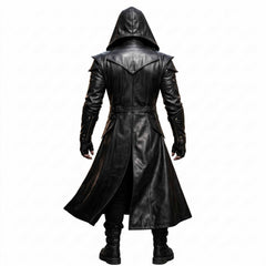 Rear perspective of man walking in flowing black leather hooded trench coat highlighting waist belt tunnel and flared hemline