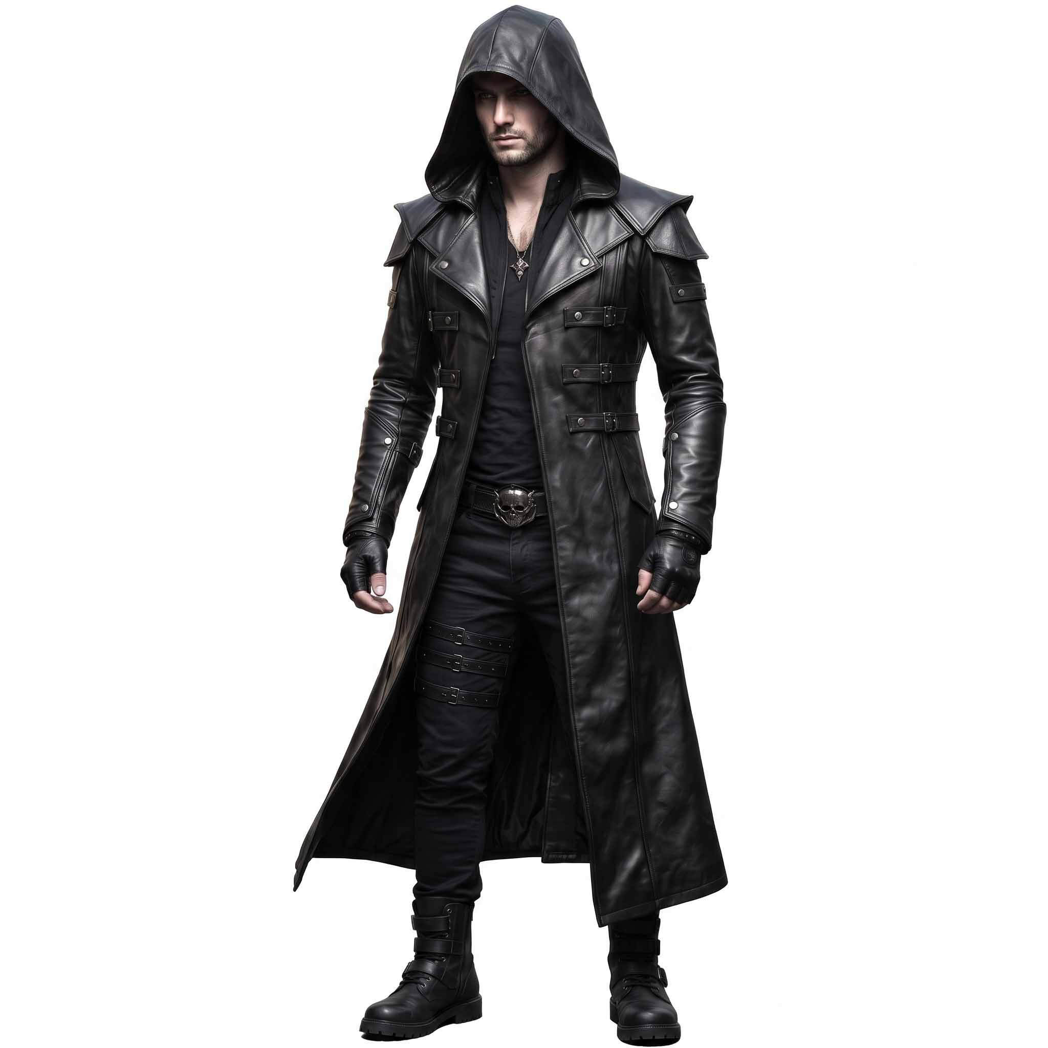 Front three-quarter angle of man wearing black leather gothic duster coat detailing deep cowled hood and forearm zip sleeves