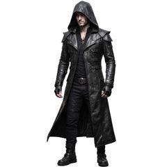 Front three-quarter angle of man wearing black leather gothic duster coat detailing deep cowled hood and forearm zip sleeves