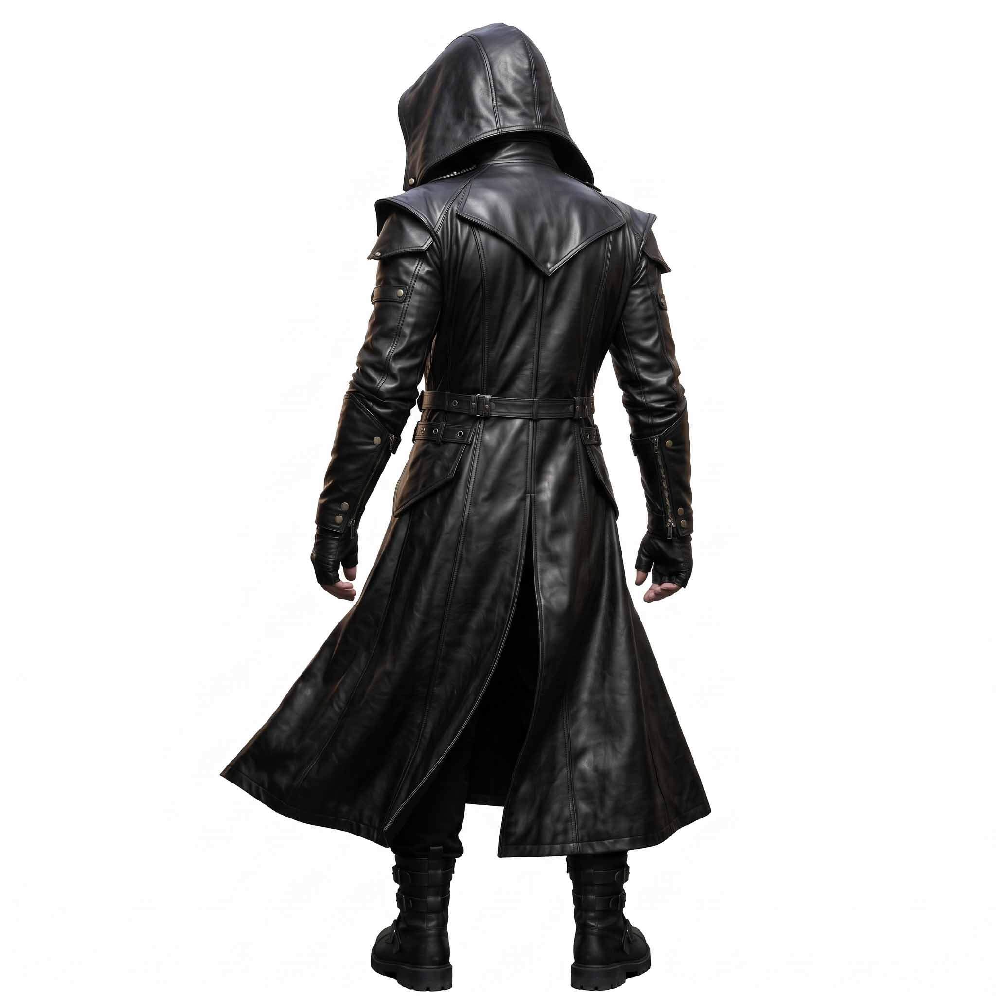 Back three-quarter studio shot of man in black genuine leather hooded coat showcasing shoulder armor plates and back capelet