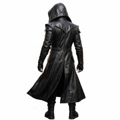 Back three-quarter studio shot of man in black genuine leather hooded coat showcasing shoulder armor plates and back capelet