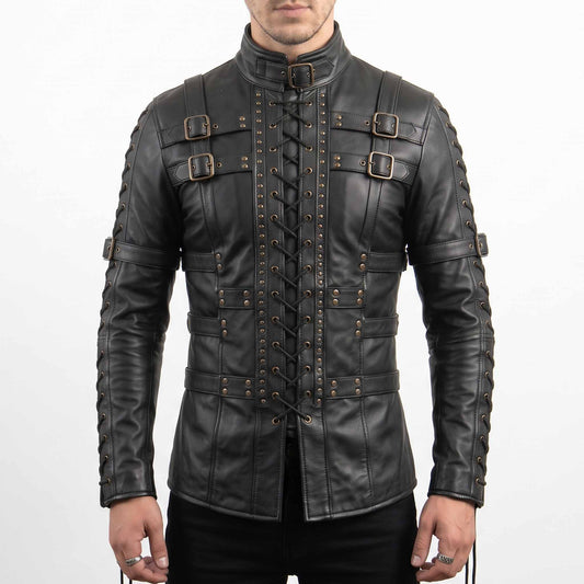 Front torso view of man wearing handmade gothic black leather shirt with center cord lacing, chest buckles, and buckled mandarin collar