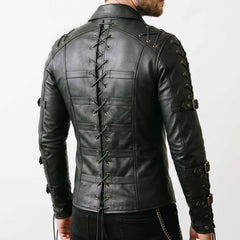 Direct rear view of man modeling black leather steampunk shirt displaying full length spine corset cord lacing and shoulder strap details