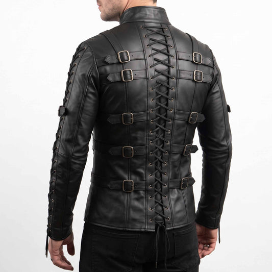Direct rear view of male model in black cowhide leather steampunk shirt showing full length spine corset lacing and horizontal roller buckles