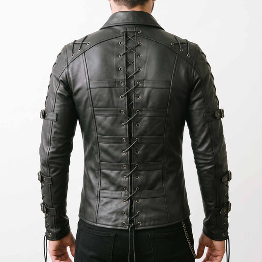 Close up back view of man wearing black leather medieval armor shirt showcasing rear spine corset lacing and tailored waist seams