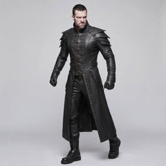 Man walking forward in black genuine cowhide leather gothic armor duster coat and trousers demonstrating split skirt motion