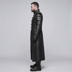 Side profile view of black leather gothic armor trench coat detailing tiered shoulder guards waist belt and draped metal chains