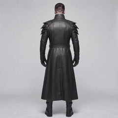 Back full body view of mens black leather warrior long coat showing structured shoulder pauldrons and center split tailcoat hem