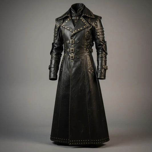 Full length front view of handmade black leather gothic trench coat featuring antique brass studs, triple front buckle closures, and armor pauldrons
