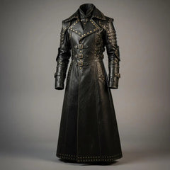 Full length front view of handmade black leather gothic trench coat featuring antique brass studs, triple front buckle closures, and armor pauldrons