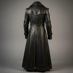 Back full view of black genuine cowhide leather gothic overcoat showing studded storm capelet, contoured waist seams, and center split walking vent