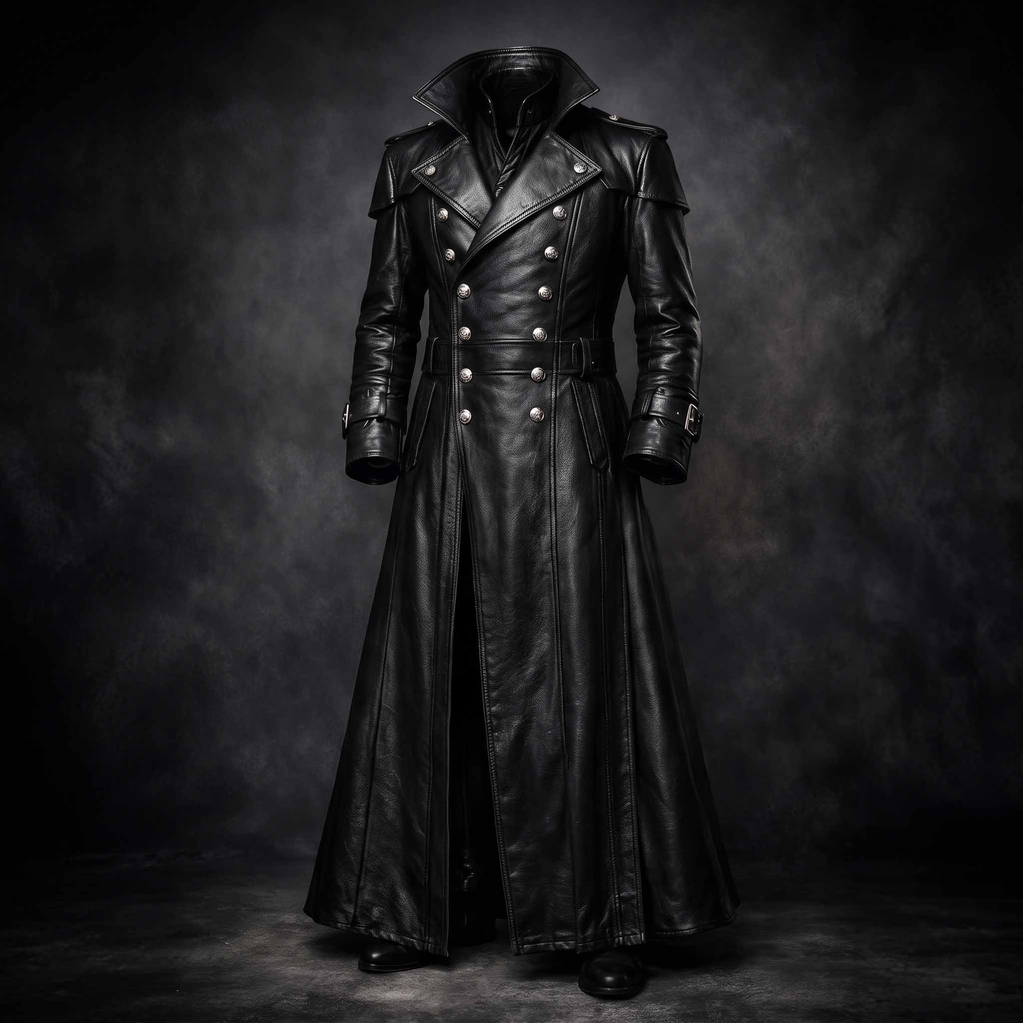 Front studio shot of black genuine cowhide leather military trench coat on ghost mannequin showing wide lapel collar and double breasted silver buttons