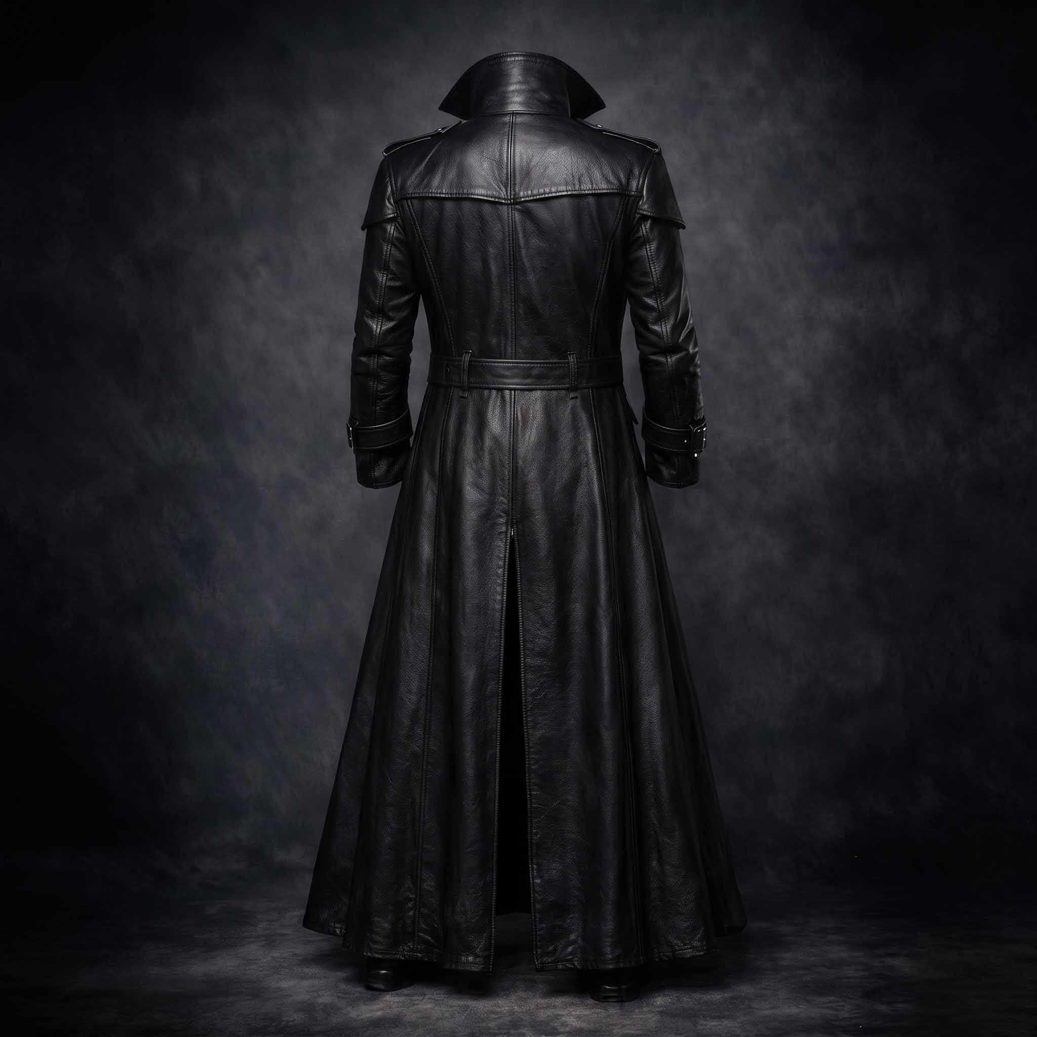Rear full view of mens black leather victorian overcoat on ghost mannequin displaying shoulder storm flap waist belt and center split walking vent