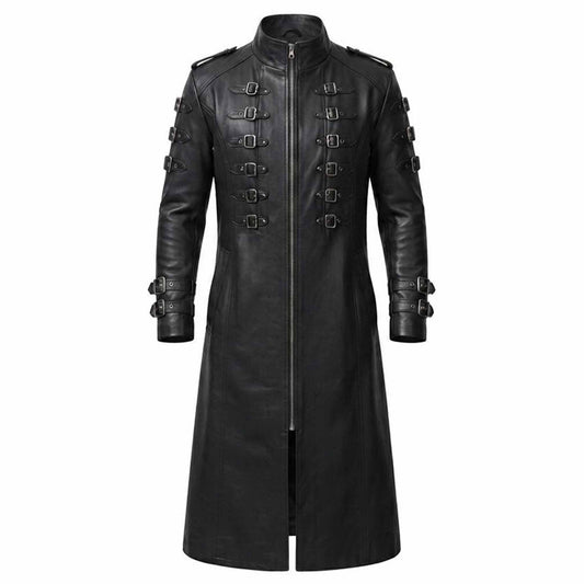Studio shot of mens black cowhide leather steampunk long coat fully zipped with high mandarin collar and multiple front buckles
