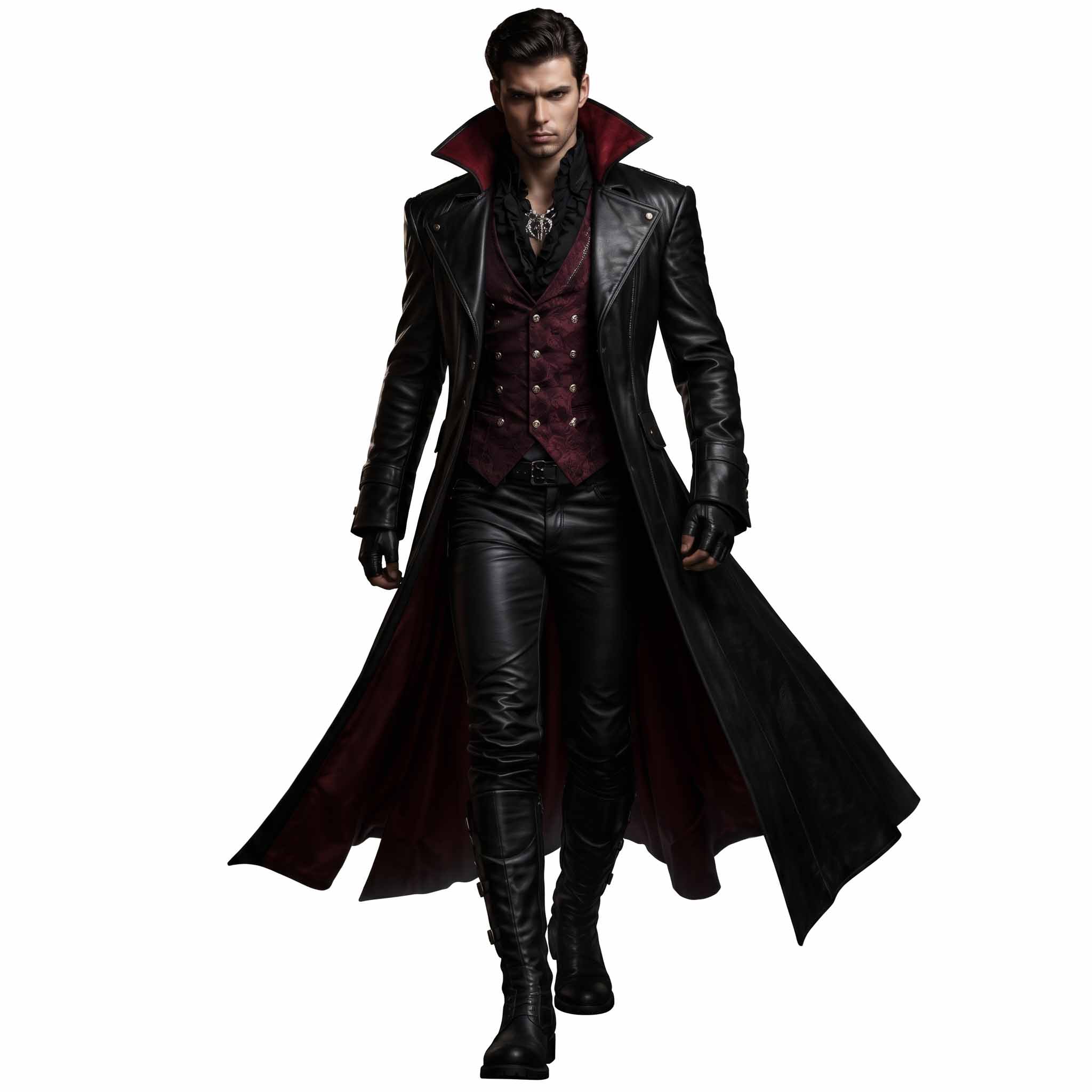 Front view of male model walking in handmade black leather gothic vampire coat with high red-accented collar and flowing duster skirt