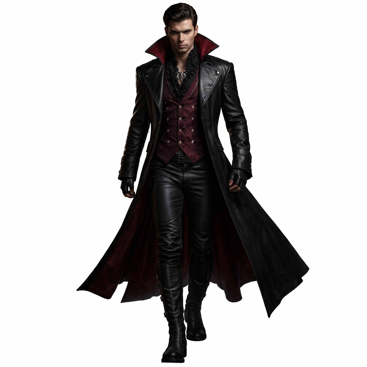 Front view of male model walking in handmade black leather gothic vampire coat with high red-accented collar and flowing duster skirt