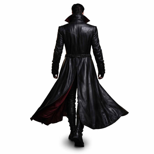 Direct back view of man walking in sweeping black cowhide leather long coat displaying rear center vent and red inner lining flare