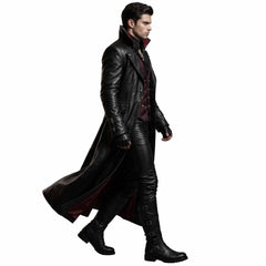 Side profile walking shot of man wearing Victorian gothic leather duster over burgundy vest and leather trousers