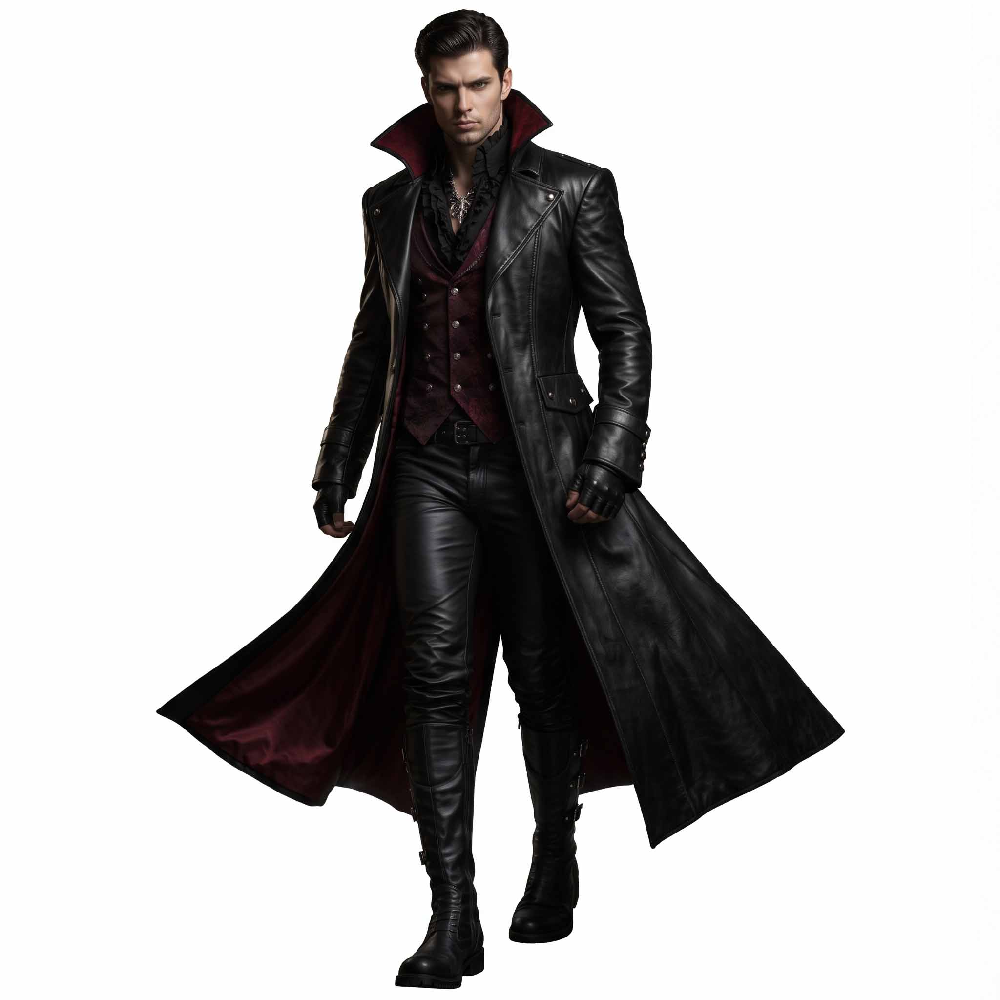 Full length studio shot of athletic man in black leather gothic trench coat with wide wing collar and flared hemline
