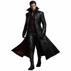 Full length studio shot of athletic man in black leather gothic trench coat with wide wing collar and flared hemline