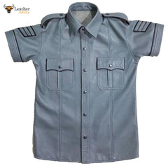 Men’s Gray Real Leather Police Uniform Leather Short Sleeve Shirt With Black Piping