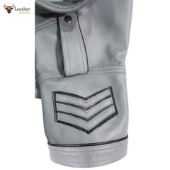 Men’s Gray Real Leather Police Uniform Leather Short Sleeve Shirt With Black Piping