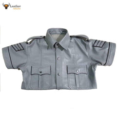 Men’s Gray Real Leather Police Uniform Leather Short Sleeve Shirt With Black Piping