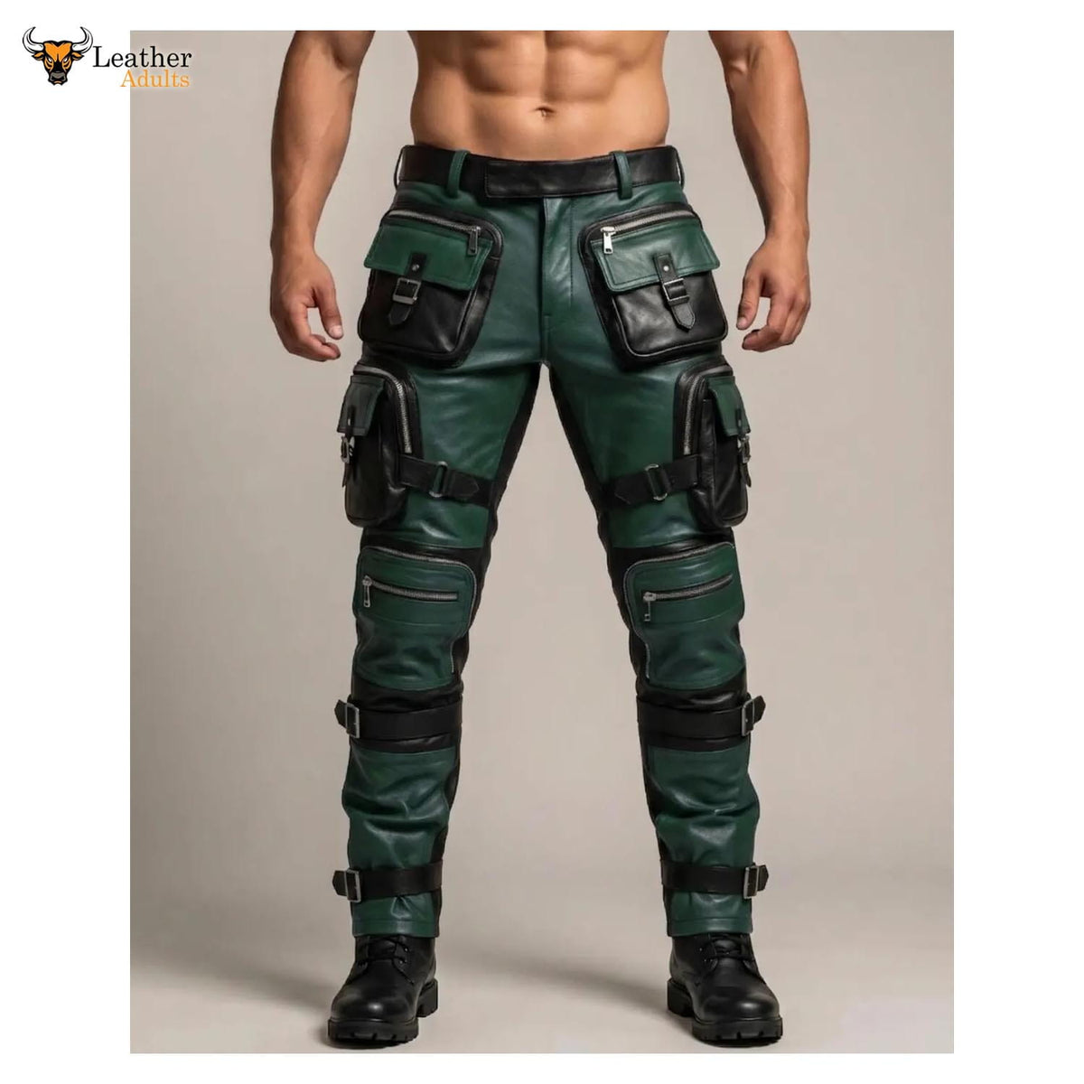 Men's Green & Black Leather Tactical Biker Trousers