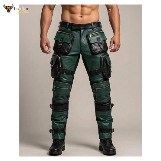 Men's Green & Black Leather Tactical Biker Trousers