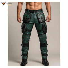 Men's Green & Black Leather Tactical Biker Trousers