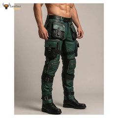 Men's Green & Black Leather Tactical Biker Trousers