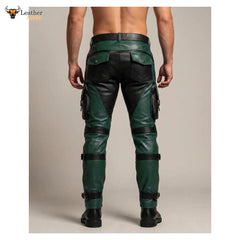 Men's Green & Black Leather Tactical Biker Trousers