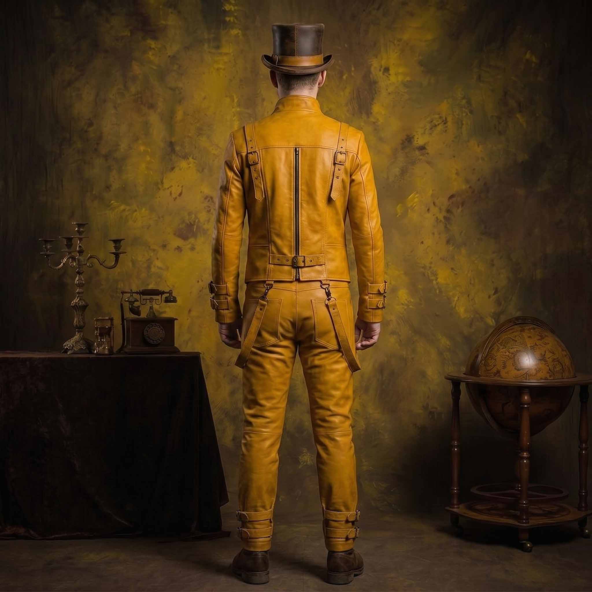 Direct rear full view of handmade mustard yellow leather trousers and jacket showcasing back pockets, suspenders, and top hat