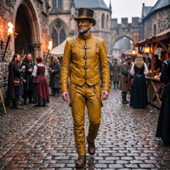 Full length front view of man walking through cobblestone medieval market wearing handmade mustard yellow leather steampunk suit with top hat and eye mask