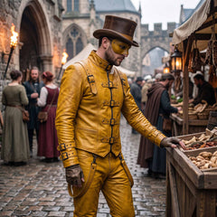 Man in mustard yellow leather Victorian suit examining goods at outdoor market stall detailing front buckle straps and gauntlet cuff buckles