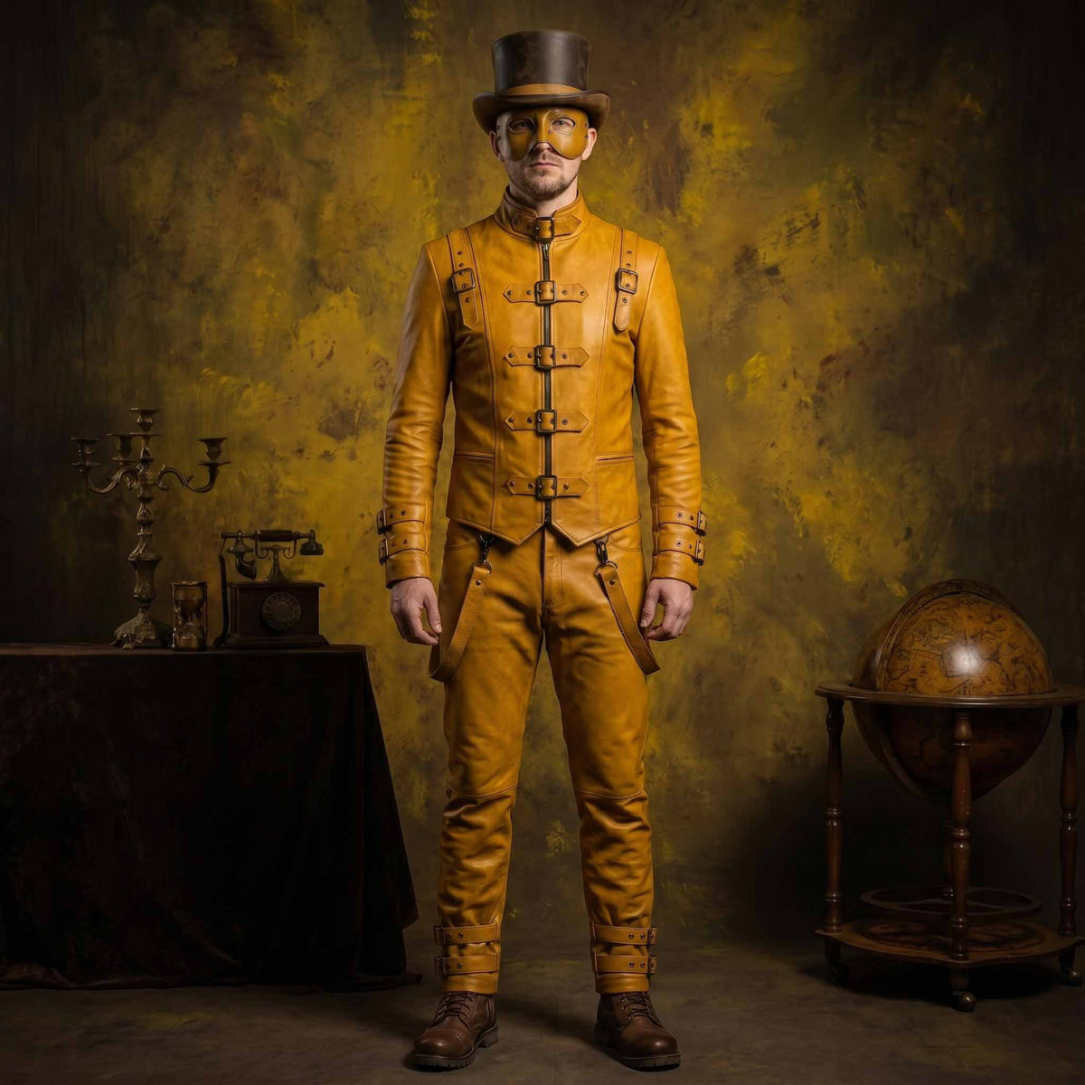 Full length front view of man wearing handmade mustard yellow leather steampunk suit with buckle jacket, suspender trousers, and top hat in vintage room
