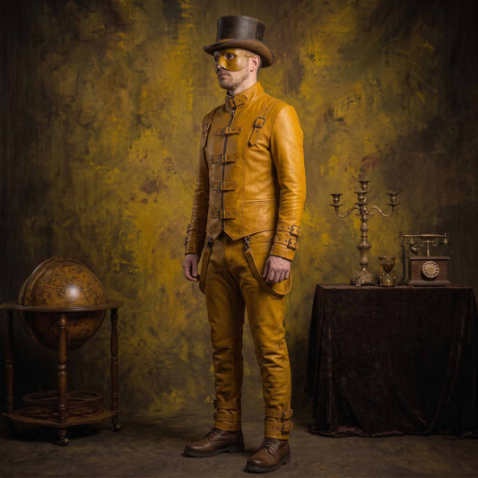Front three quarter pose of gentleman in yellow genuine leather gothic suit showing chest harness straps and lower leg buckle cuffs