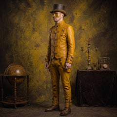 Front three quarter pose of gentleman in yellow genuine leather gothic suit showing chest harness straps and lower leg buckle cuffs