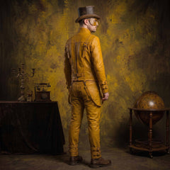 Back full length view of yellow leather gothic jacket and trousers set showing spinal zipper, lumbar buckle belt, and tailored seams