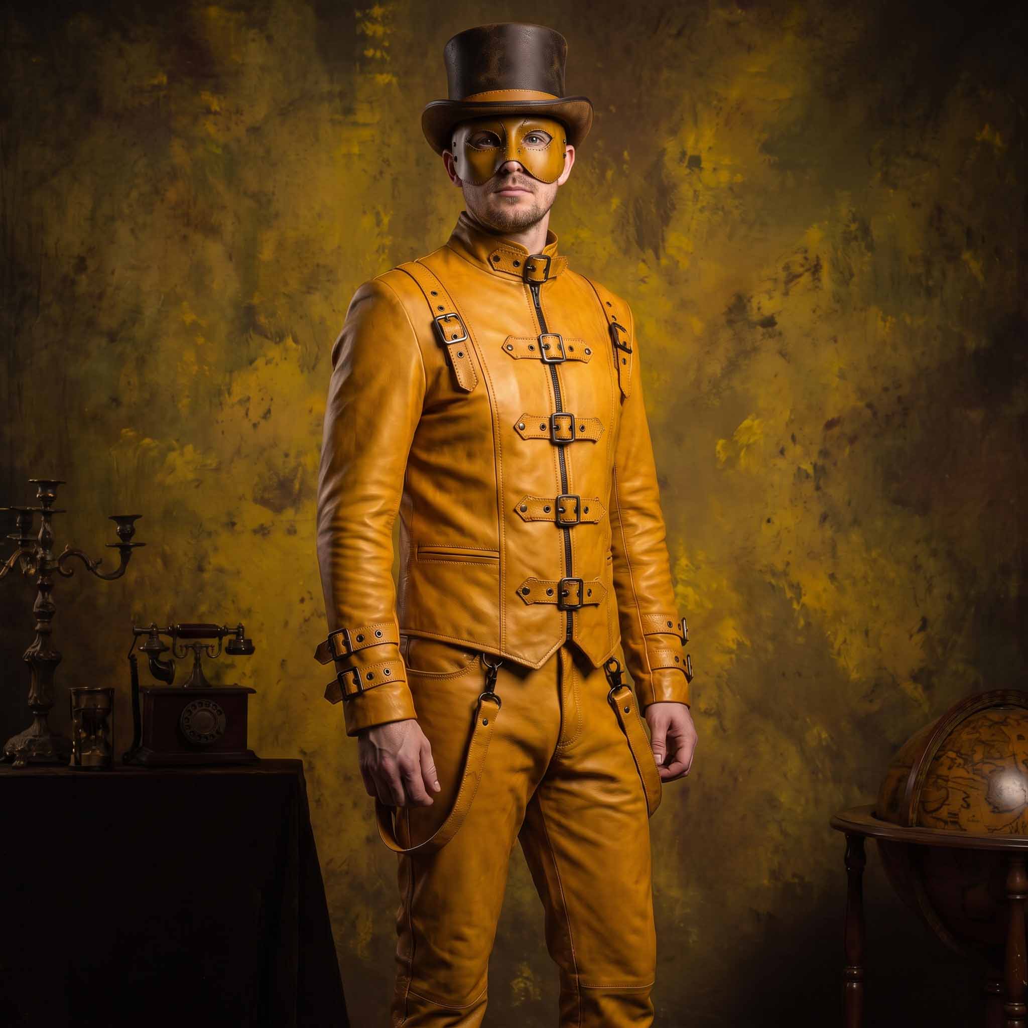 Close up front view of mustard yellow leather gothic jacket highlighting high stand collar, vertical front buckle placket, and shoulder straps