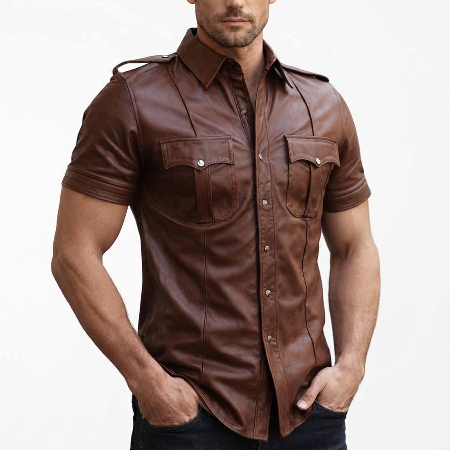 Front view of a man wearing a slim-fit brown real leather short sleeve police uniform shirt with epaulets and chest pockets.