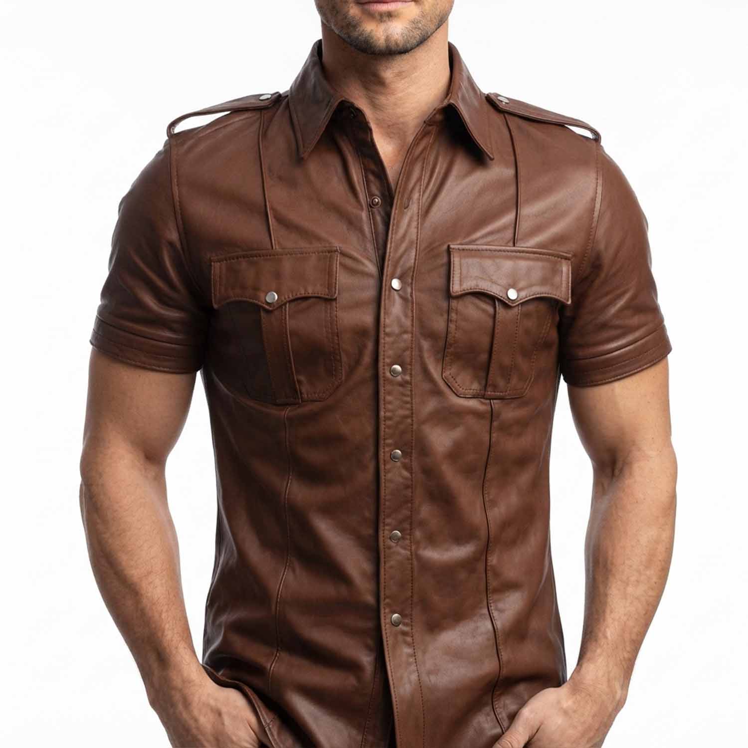 Close-up shot of the snap button closure, flap pockets, and shoulder detail on a men's brown leather uniform shirt.