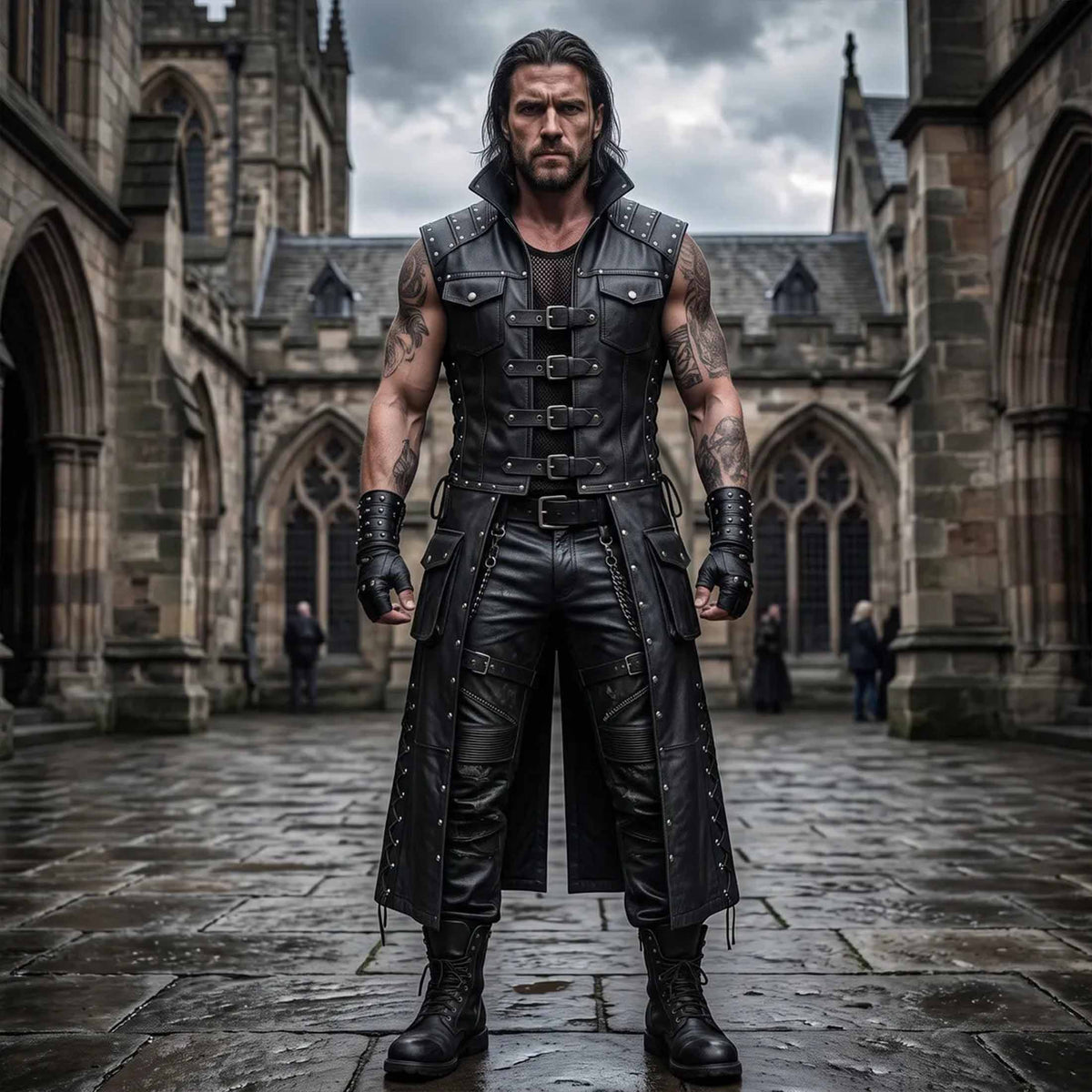 Full length front view of muscular man wearing handmade black leather gothic long vest with front buckle closures and cargo pockets