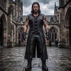 Full length front view of muscular man wearing handmade black leather gothic long vest with front buckle closures and cargo pockets