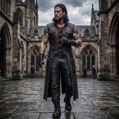 Man walking forward in black cowhide leather punk duster vest showing high collar split front panels and combat boots