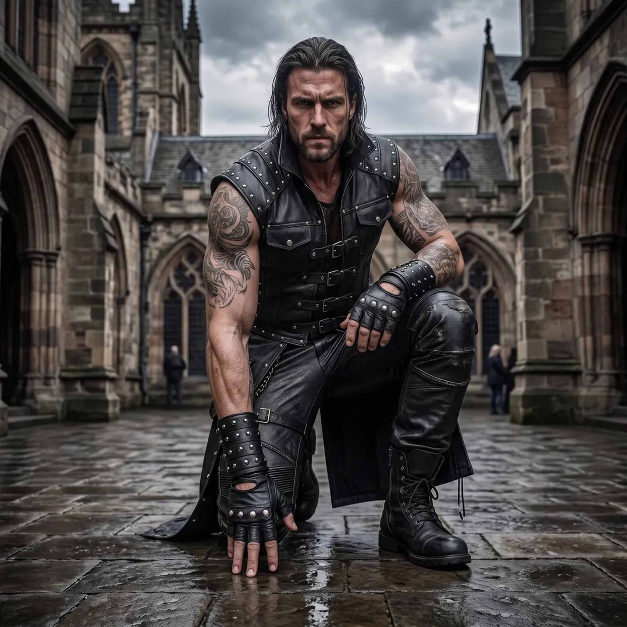 Dramatic low angle view of warrior kneeling on stone courtyard wearing studded black leather long vest and fingerless gauntlets