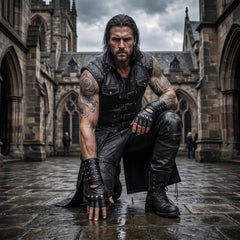 Dramatic low angle view of warrior kneeling on stone courtyard wearing studded black leather long vest and fingerless gauntlets