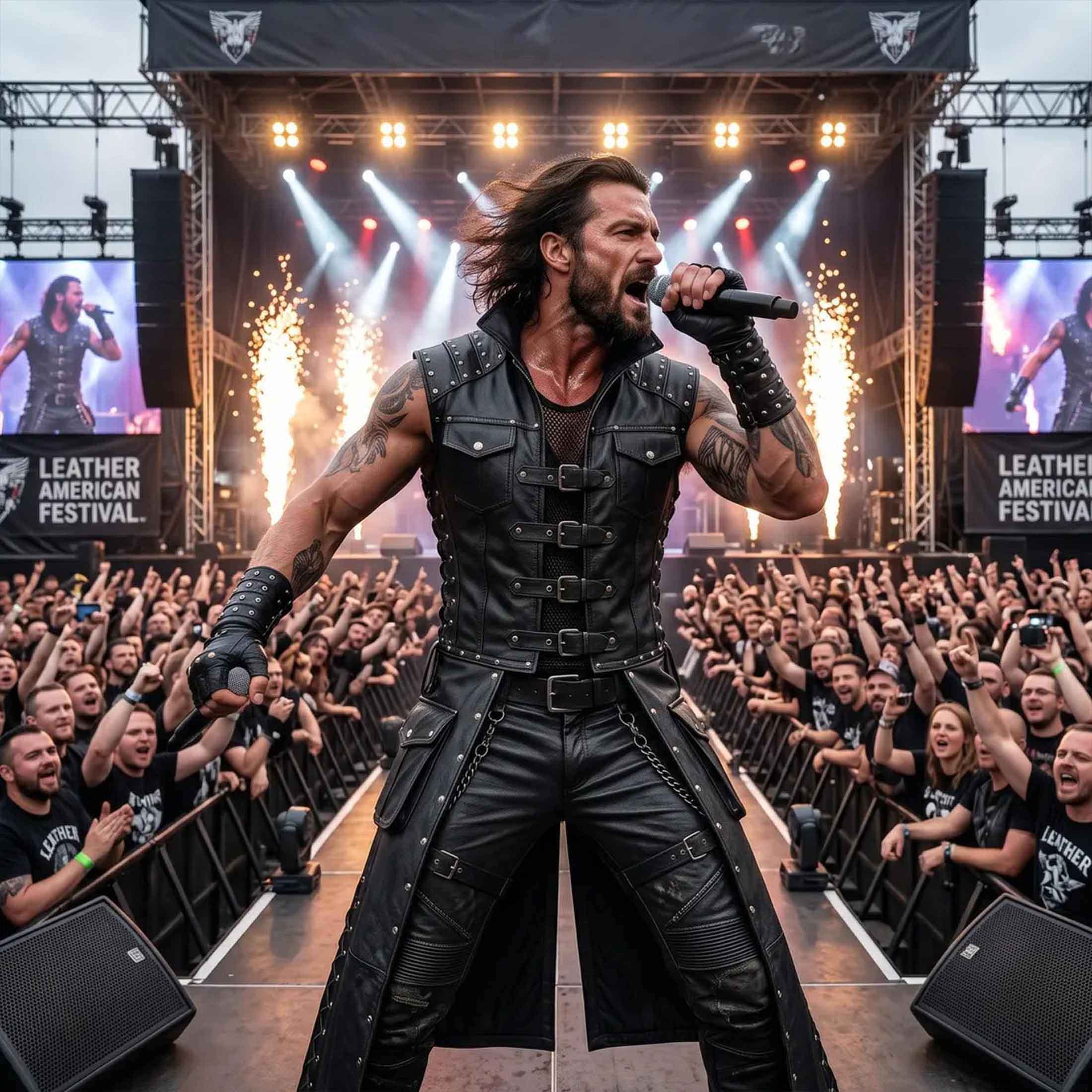 Rock singer performing on outdoor festival stage holding microphone wearing black leather buckle waistcoat with pyrotechnic fireworks
