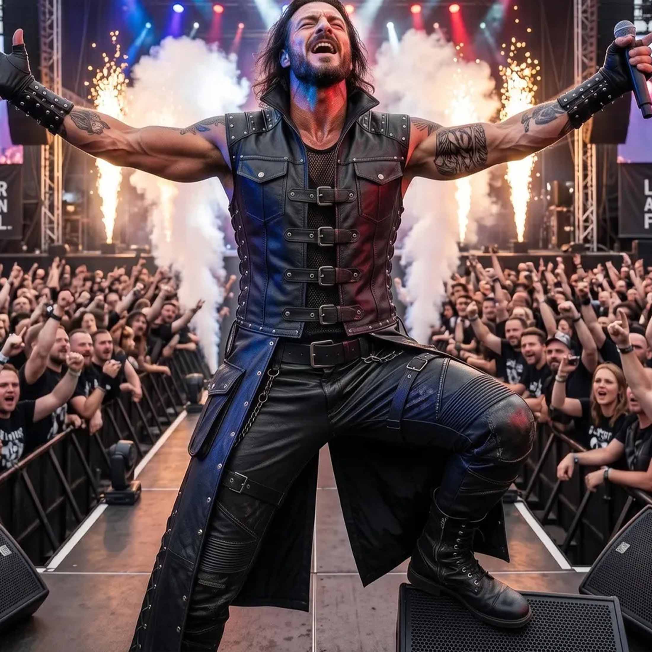 Heavy metal frontman with arms spread wide singing to cheering crowd wearing black studded leather punk biker duster vest