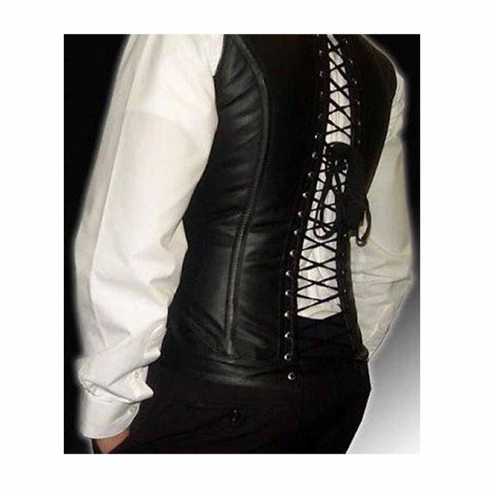 Back angle of a men's black leather Victorian corset vest showing the full rear lacing cinched over a white long sleeve shirt.
